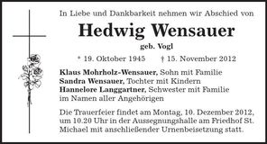 Traueranzeige Hedwig Wensauer