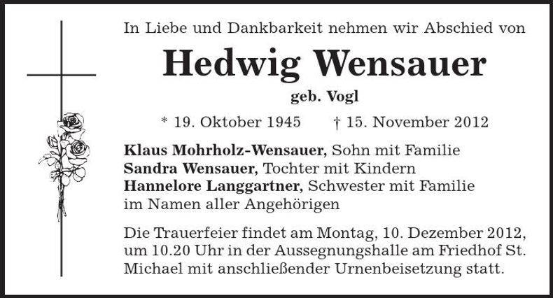 Traueranzeige Hedwig Wensauer
