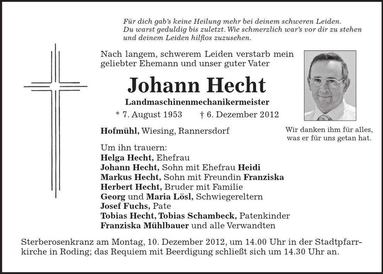 Traueranzeige Johann Hecht