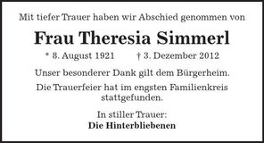Traueranzeige Theresia Simmerl