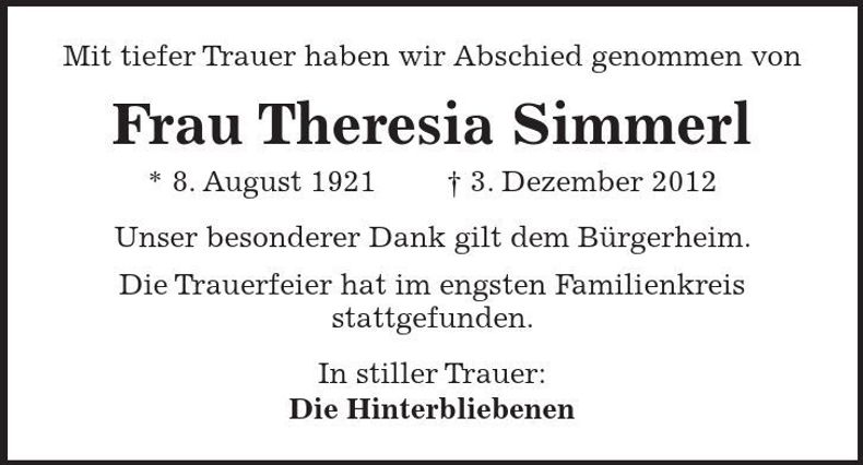 Traueranzeige Theresia Simmerl