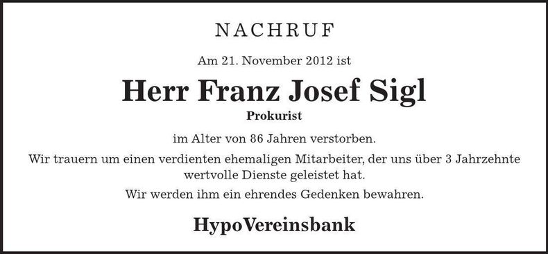 Traueranzeige Franz Josef Sigl