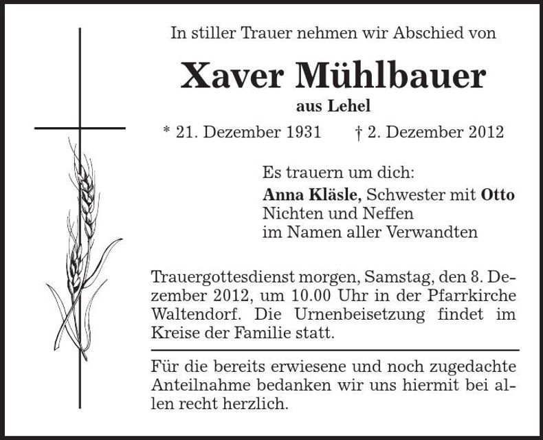 Traueranzeige Xaver Mühlbauer