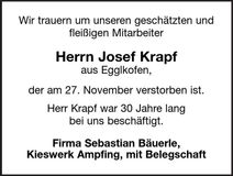 Traueranzeige Josef Krapf