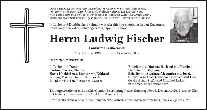 Traueranzeige Ludwig Fischer