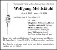 Traueranzeige Wolfgang Mehlstäubl