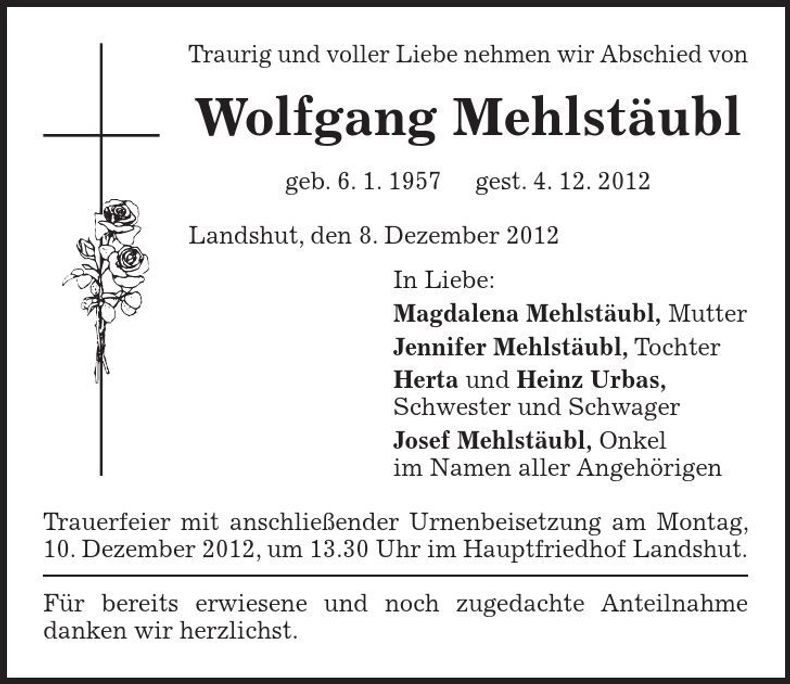 Traueranzeige Wolfgang Mehlstäubl