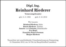 Traueranzeige Reinhard Riederer