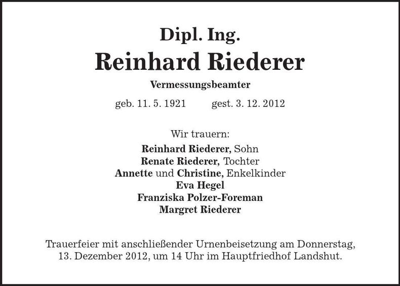 Traueranzeige Reinhard Riederer