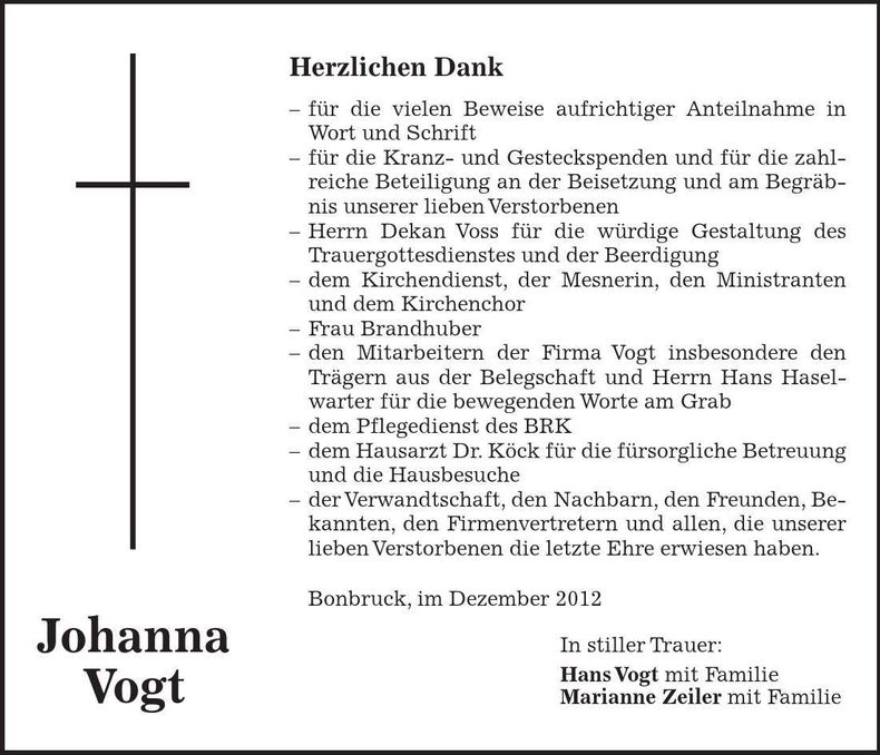 Traueranzeige Johanna Vogt