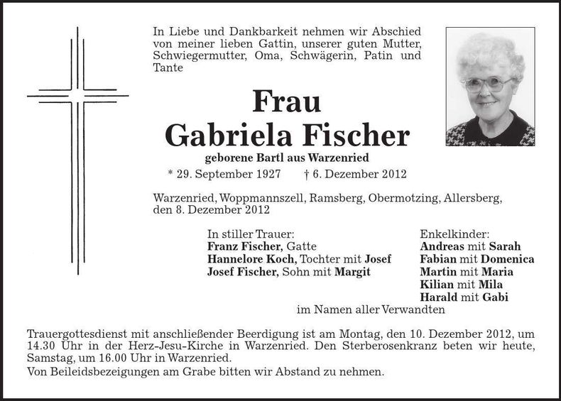 Traueranzeige Gabriela Fischer