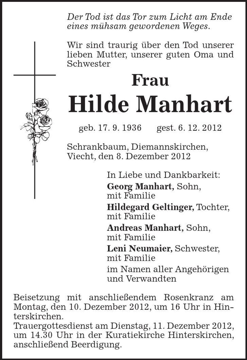 Traueranzeige Hilde Manhart