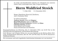 Traueranzeige Waldfried Streich