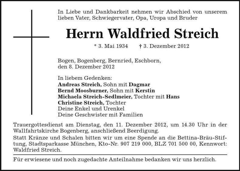 Traueranzeige Waldfried Streich