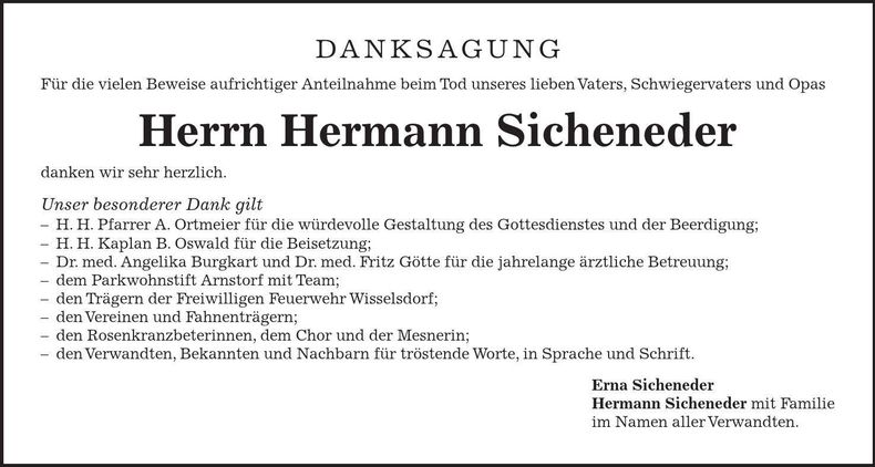 Traueranzeige Hermann Sicheneder