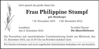 Traueranzeige Philippine Stumpf