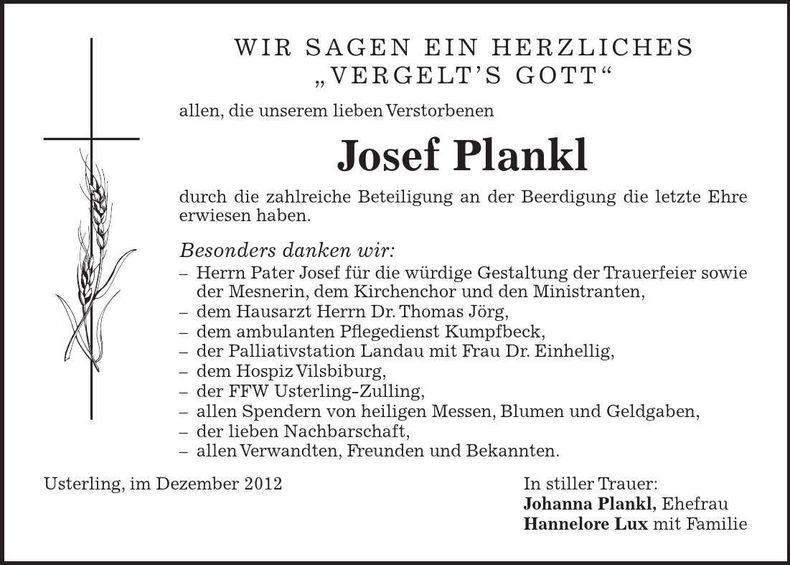 Traueranzeige Josef Plankl