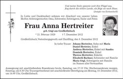 Traueranzeige Anna Hertreiter