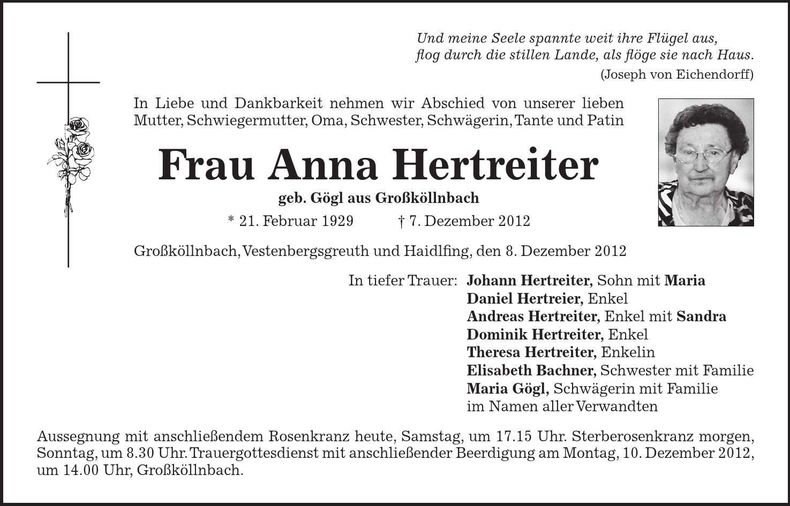 Traueranzeige Anna Hertreiter