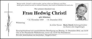 Traueranzeige Hedwig Christl