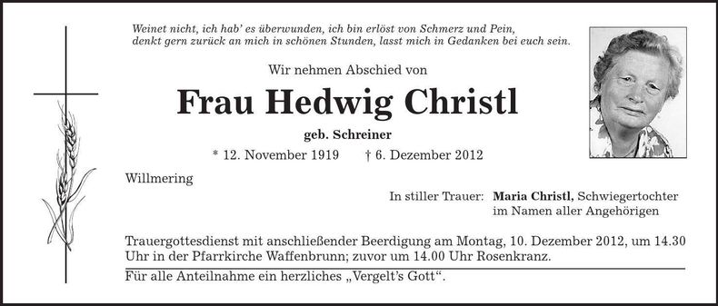 Traueranzeige Hedwig Christl