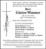 Traueranzeige Günter Wimmer