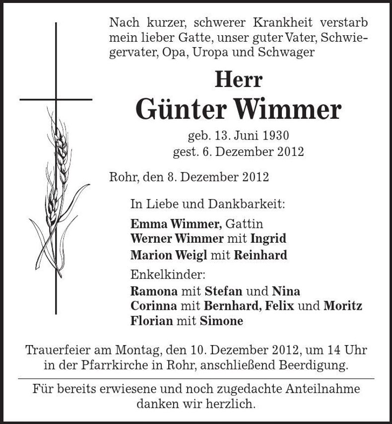 Traueranzeige Günter Wimmer