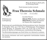 Traueranzeige Theresia Schmalz