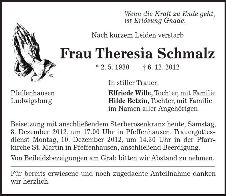 Traueranzeige Theresia Schmalz