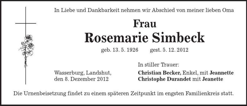 Traueranzeige Rosemarie Simbeck