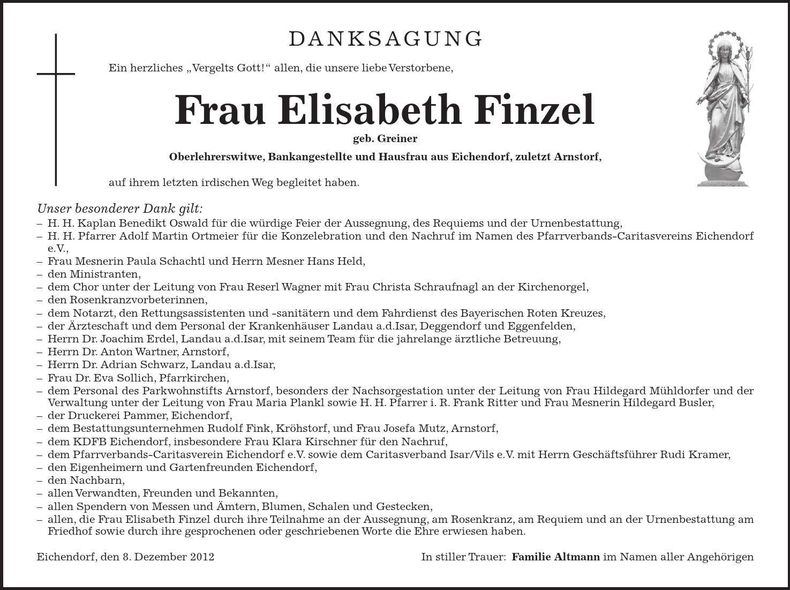 Traueranzeige Elisabeth Finzel