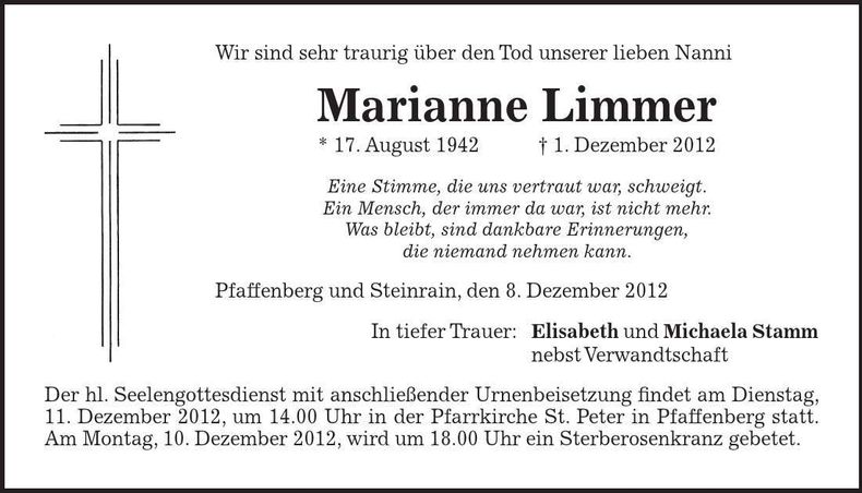 Traueranzeige Marianne Limmer