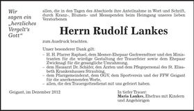 Traueranzeige Rudolf Lankes