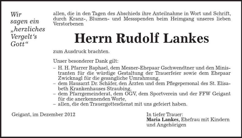 Traueranzeige Rudolf Lankes
