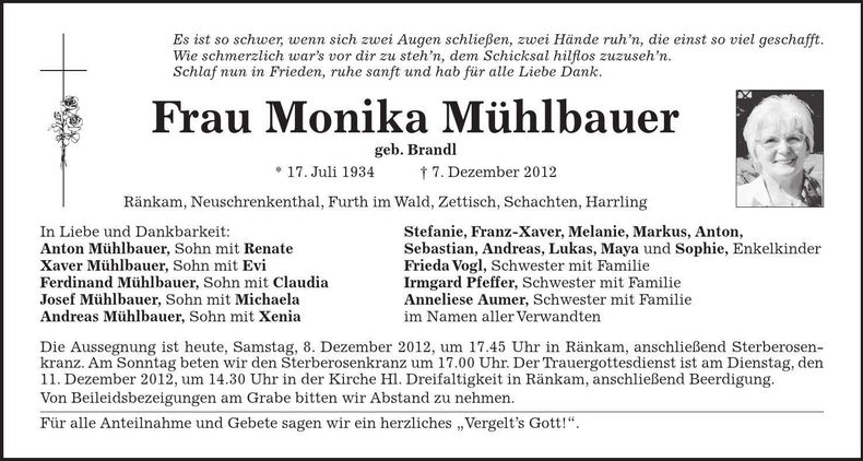 Traueranzeige Monika Mühlbauer