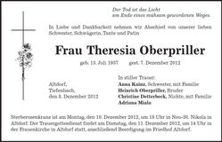 Traueranzeige Theresia Oberpriller