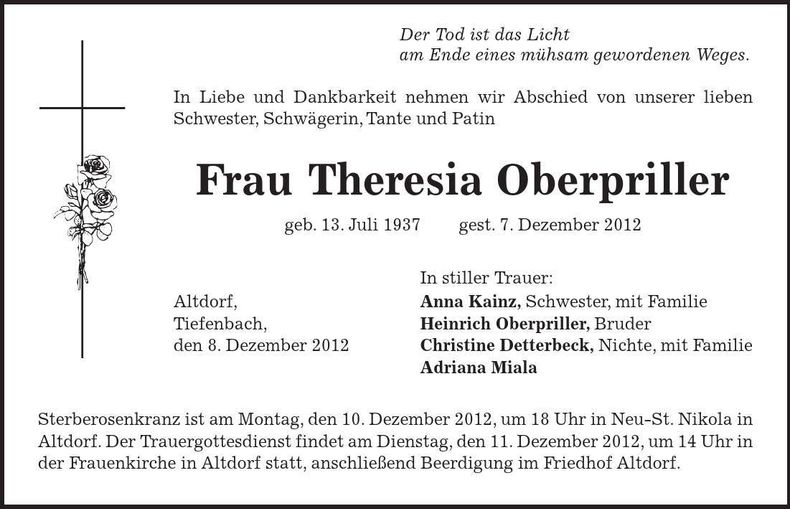 Traueranzeige Theresia Oberpriller