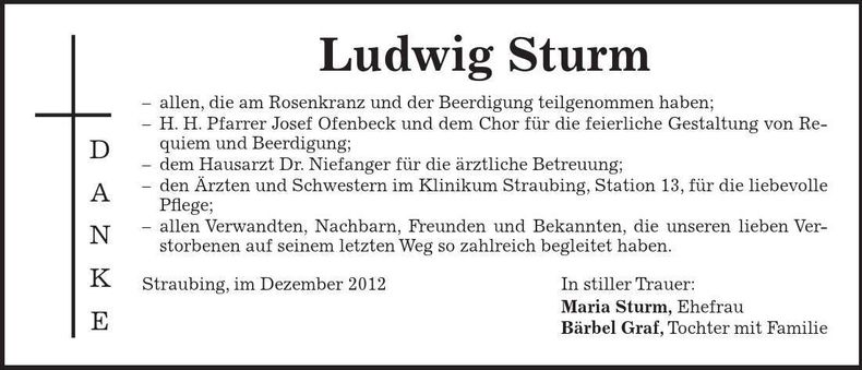 Traueranzeige Ludwig Sturm