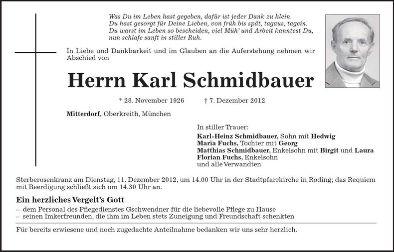 Traueranzeige Karl Schmidbauer