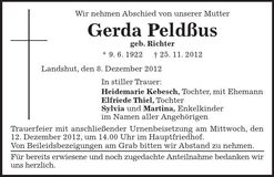 Traueranzeige Gerda Peldßus