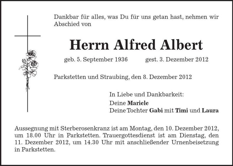 Traueranzeige Alfred Albert