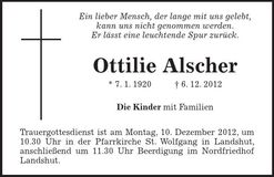 Traueranzeige Ottilie Alscher