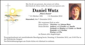 Traueranzeige Daniel Wutz
