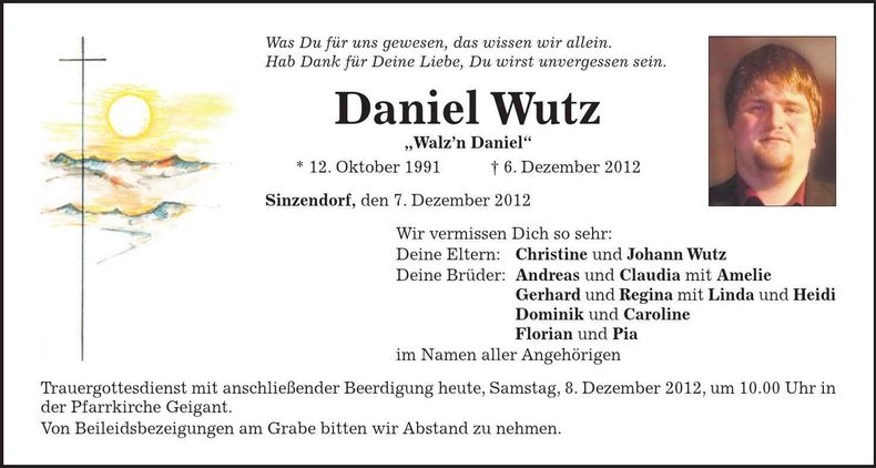 Traueranzeige Daniel Wutz