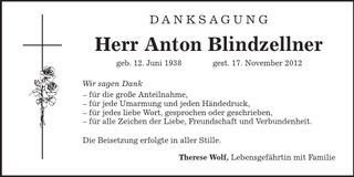 Traueranzeige Anton Blindzellner