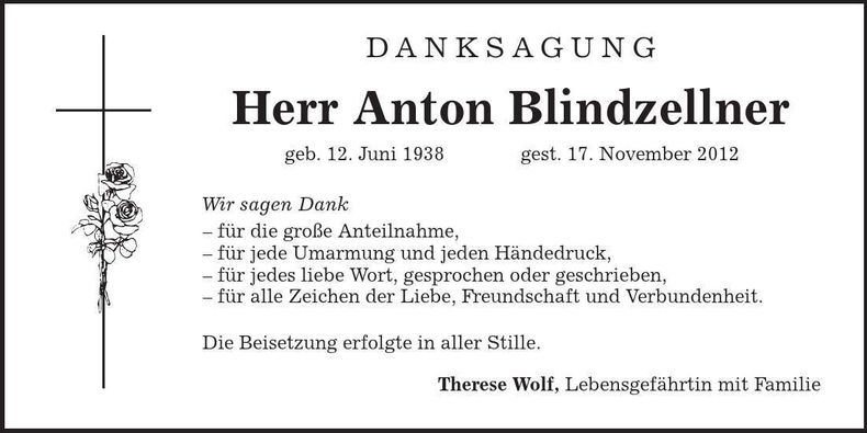 Traueranzeige Anton Blindzellner