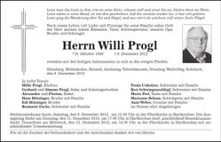 Traueranzeige Willi Progl