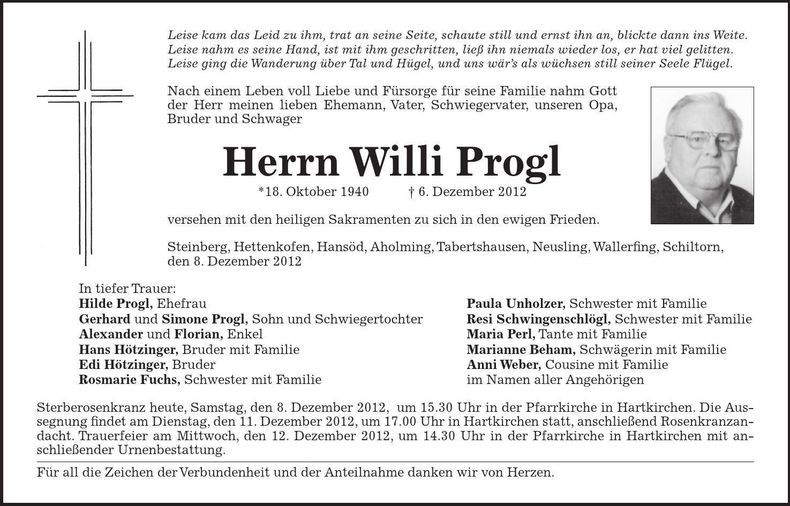 Traueranzeige Willi Progl