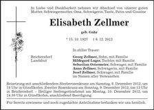Traueranzeige Elisabeth Zellmer