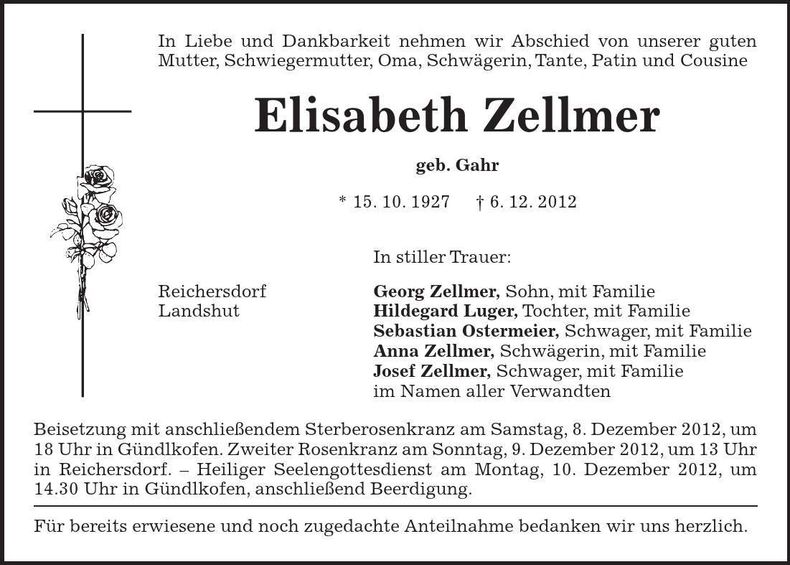 Traueranzeige Elisabeth Zellmer